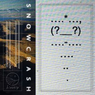 snowcrash cassette cover, grey background, colored TV signal interference lines overlay, black dots, underscores, question marks, stars, all on top in a few lines, forming a kind of goodie bag