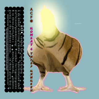 A tiger-furred chicken on pale blue, its head is a lightbulb. Cassette cover.